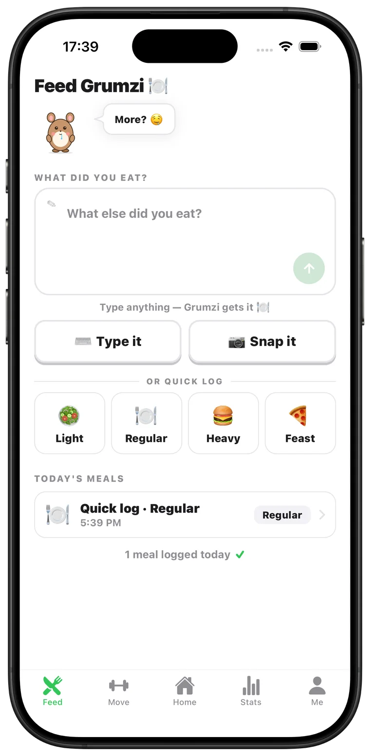 Real grumzi Feed tab: Type it and Snap it buttons, four quick-log buckets, a logged Regular meal